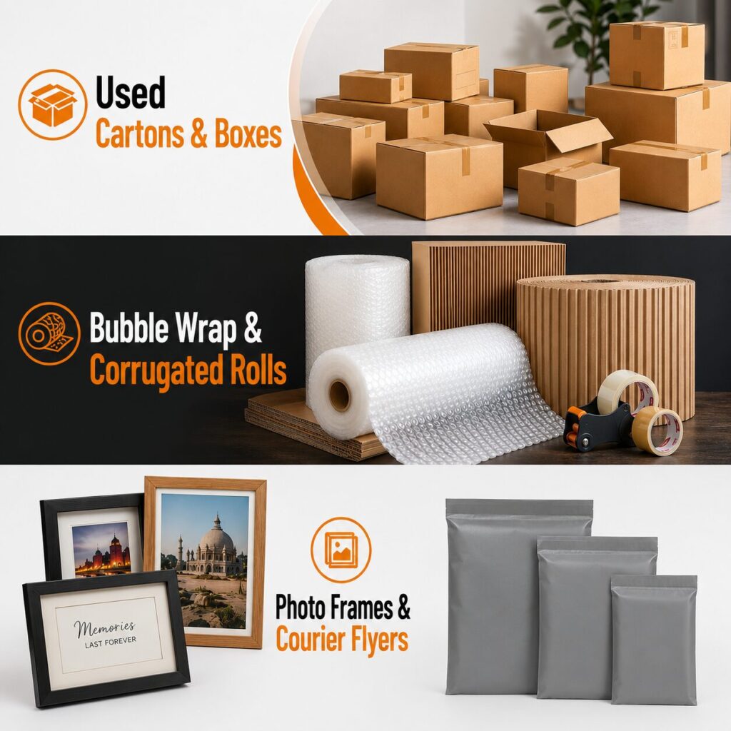 Used cartons and boxes, bubble wrap rolls, corrugated sheets, grey courier flyer bags, packaging tape, and customized photo frames by Rams Business Services in Pakistan.